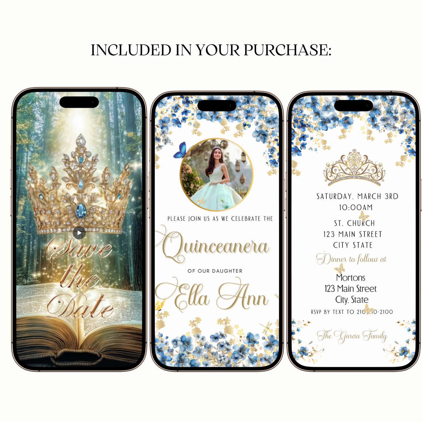 Light Blue and Gold Quinceanera Video Invite | Animated Sweet 15 16 Quince Mobile Evite with RSVP tracking