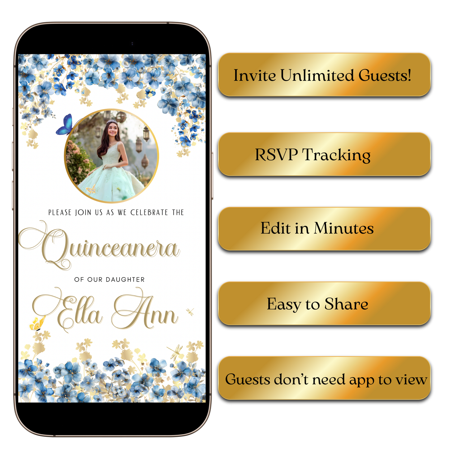 Light Blue and Gold Quinceanera Video Invite | Animated Sweet 15 16 Quince Mobile Evite with RSVP tracking