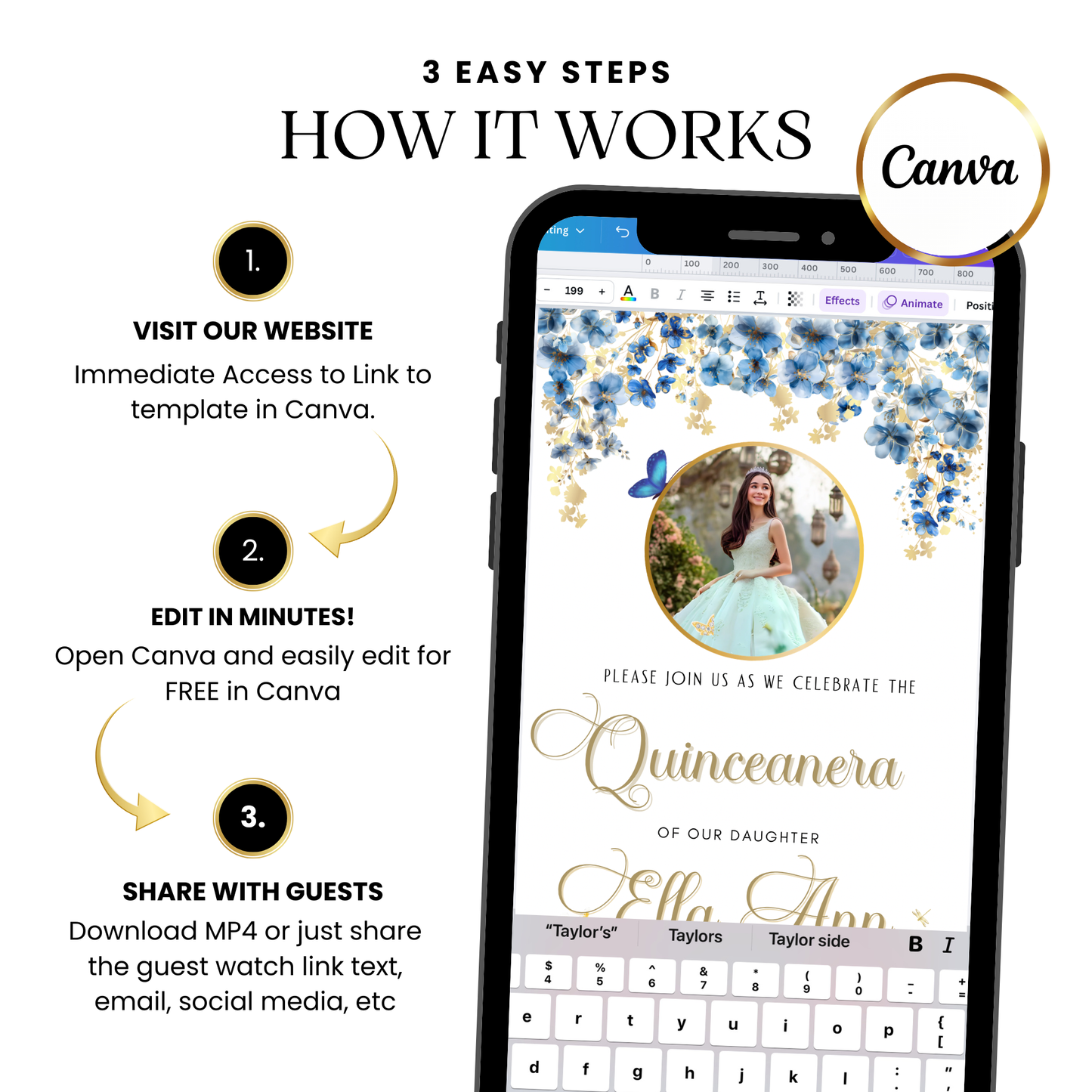 Light Blue and Gold Quinceanera Video Invite | Animated Sweet 15 16 Quince Mobile Evite with RSVP tracking