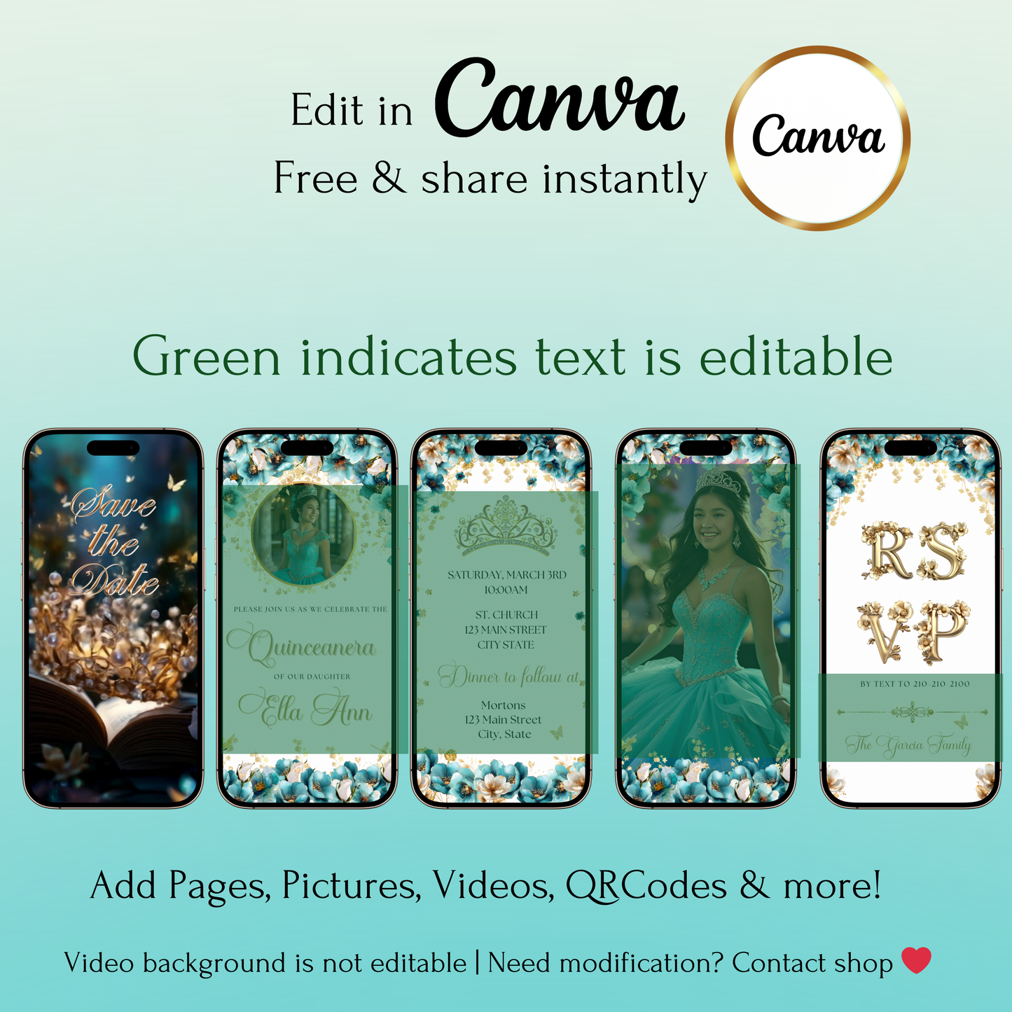 Turquoise and Gold Quinceanera Video Invite Animated Sweet 15 Quince Mobile Evite with RSVP tracking