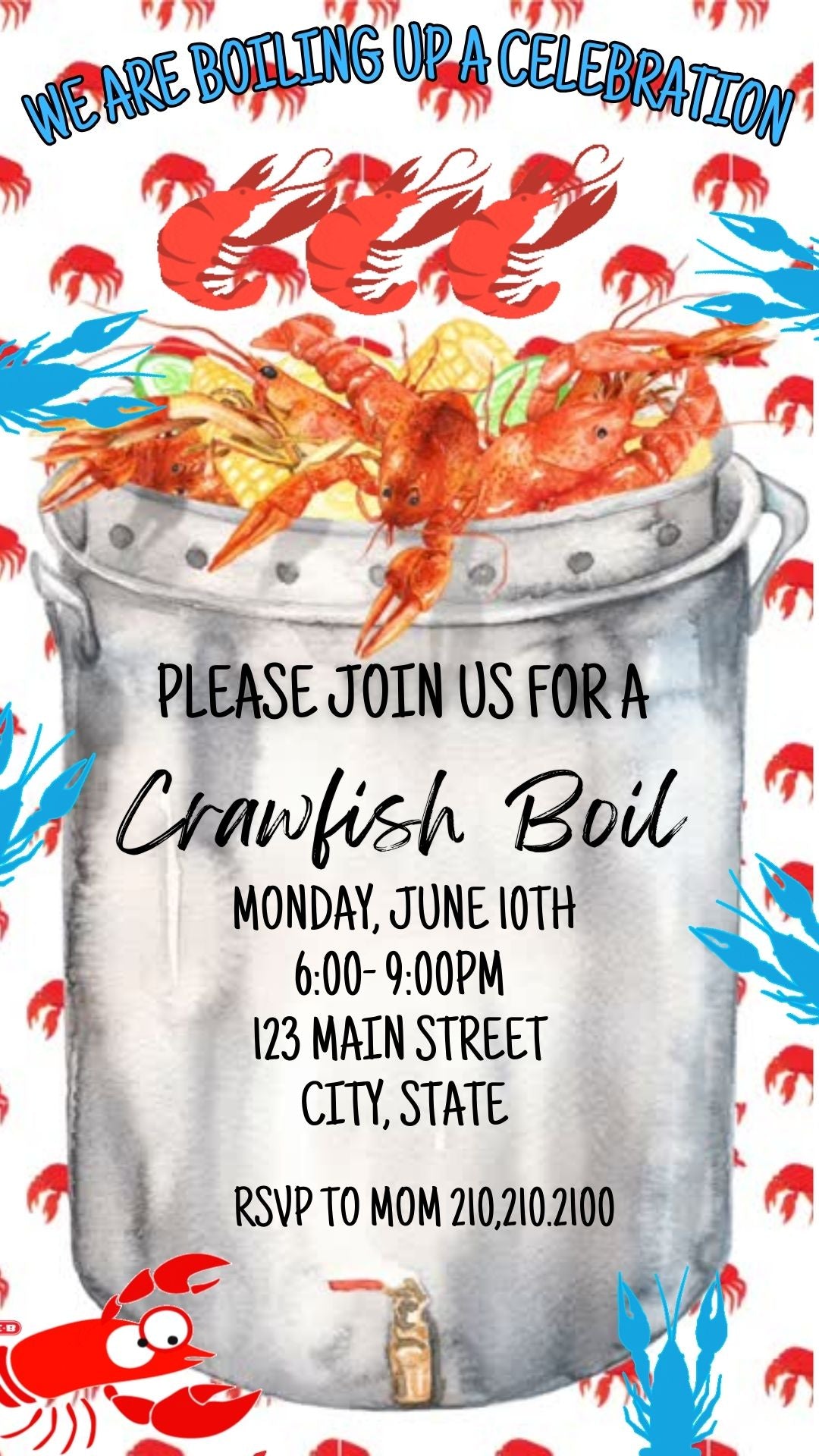 Editable crawfish boil party party video invitation displayed on a mobile phone, featuring an animated vertical digital invite with music, created in Canva. This premium video invitation template is designed for sharing by text, email, and social media and works with an interactive RSVP website for easy guest response tracking.