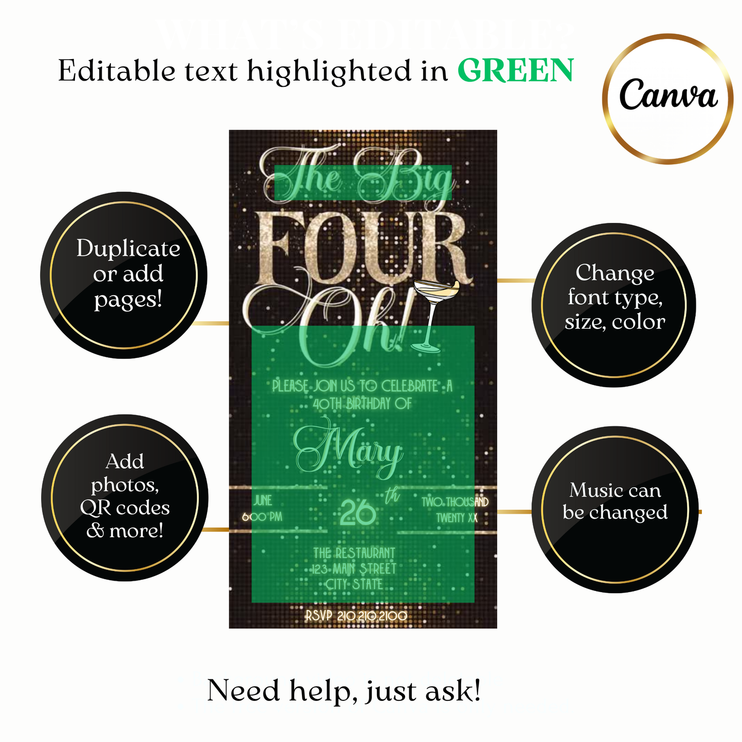 Animated The Big Four-Oh 40th Birthday Digital Invitation — Gold Sparkle Party Evite Evite