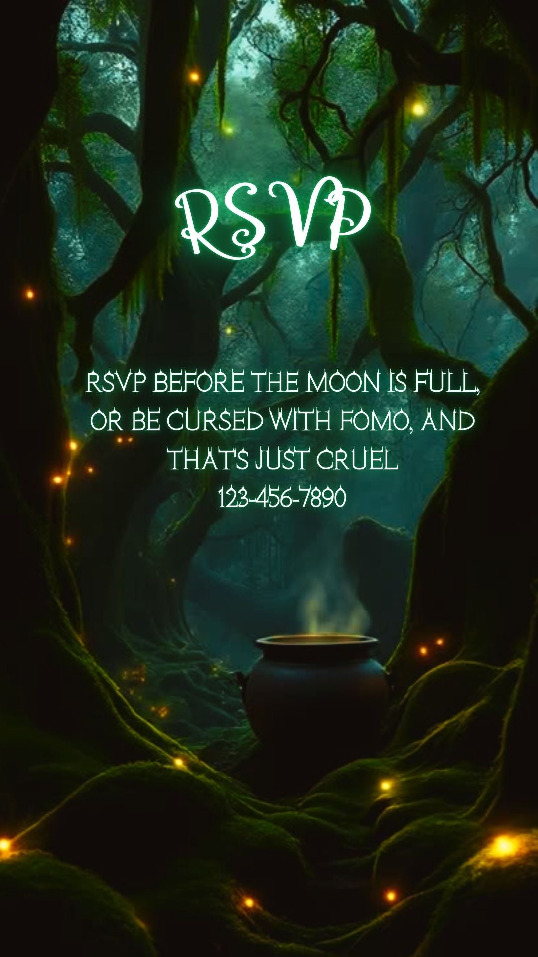 Editable abracadabra halloween party party video invitation displayed on a mobile phone, featuring an animated vertical digital invite with music, created in Canva. This premium video invitation template is designed for sharing by text, email, and social media and works with an interactive RSVP website for easy guest response tracking.