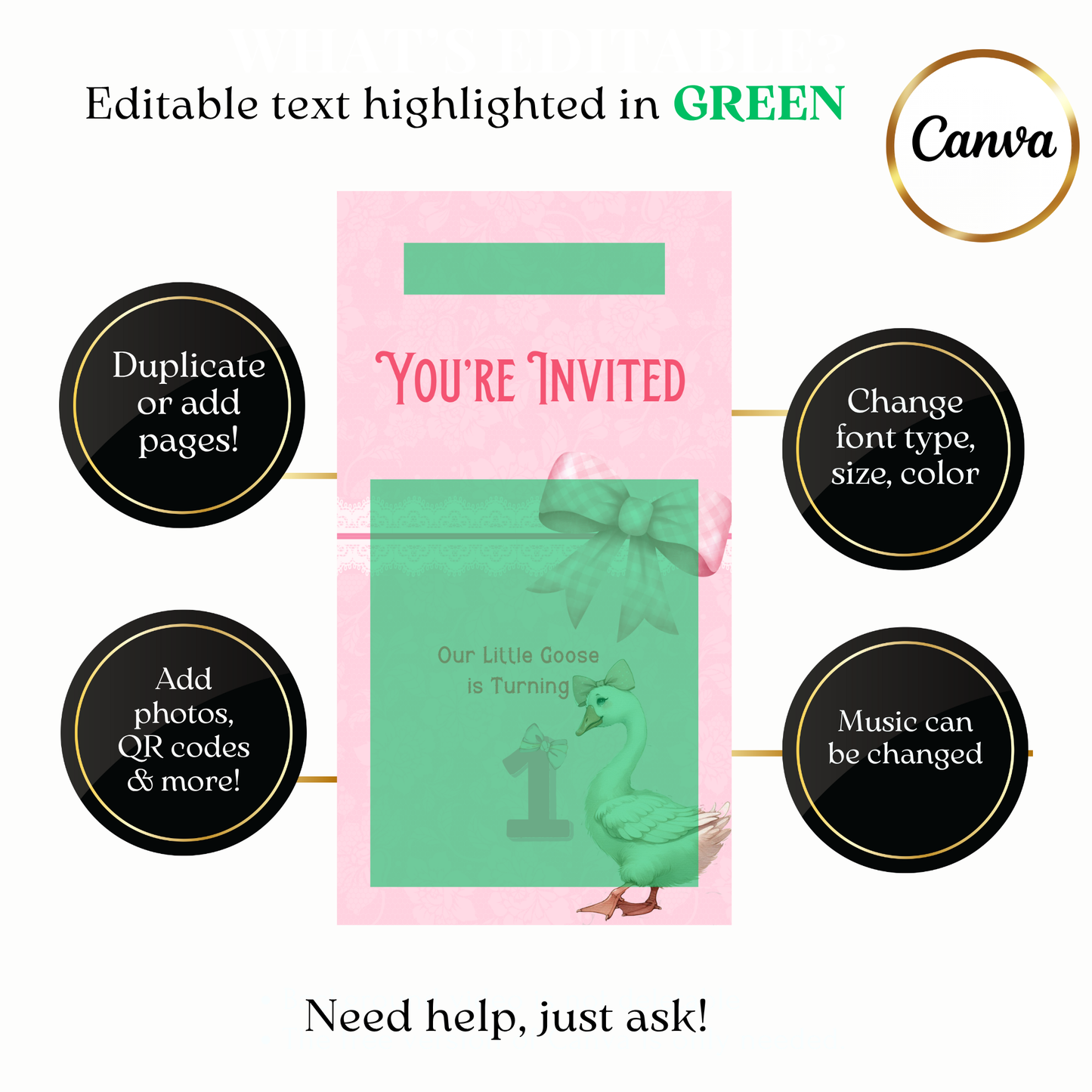Name and event details framed by ribbon corners with elegant type