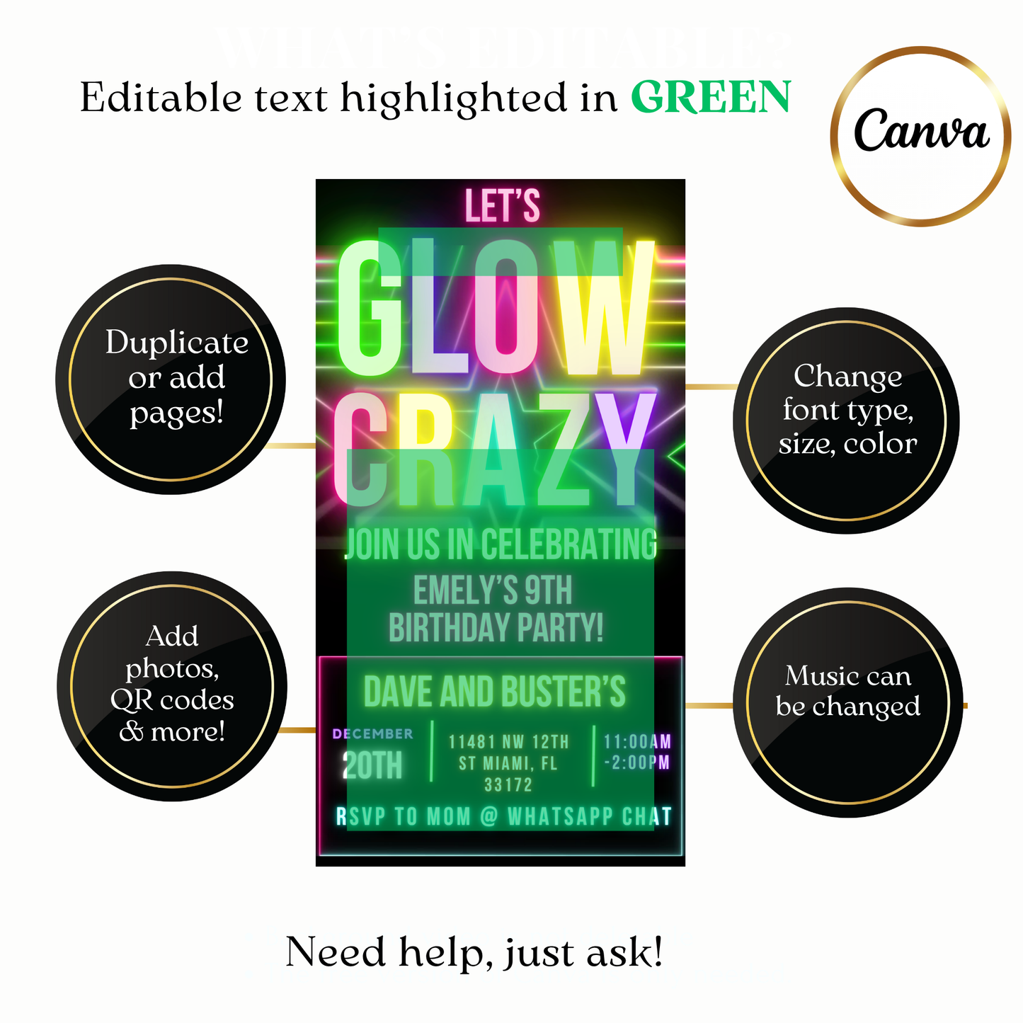 Animated Neon Glow Party Video Invitation Evite (blacklight, bright, glow)