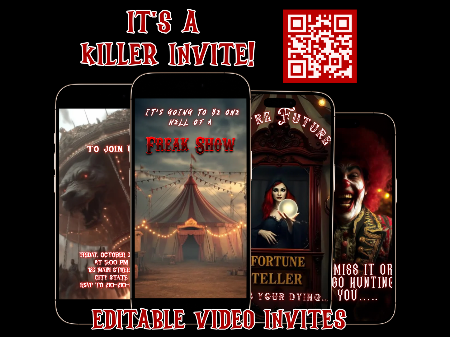 Editable Halloween video invitation with animated theme, customizable in Canva. Perfect for party invites.