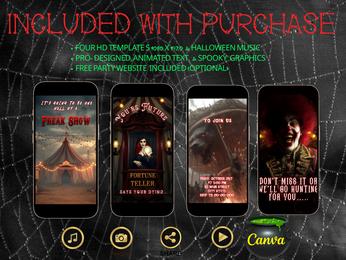 Editable Halloween video invitation with a scary circus theme, featuring a haunted red-and-white big top tent, creepy clown, dark carnival vibes, and glowing string lights. Horror-themed animated scenes with text that says "It's going to be one hell of a Freak Show." Canva template video invite, vertical MP4 format, perfect for Halloween parties or haunted house events.