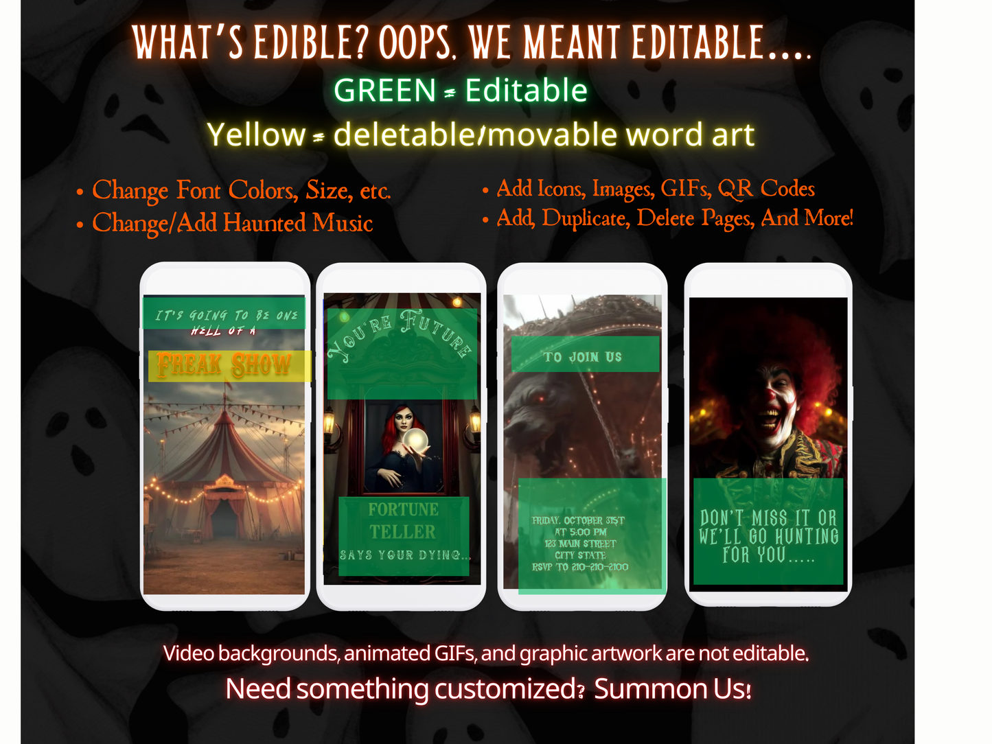 Editable Halloween video invitation with animated theme, customizable in Canva. Perfect for party invites.