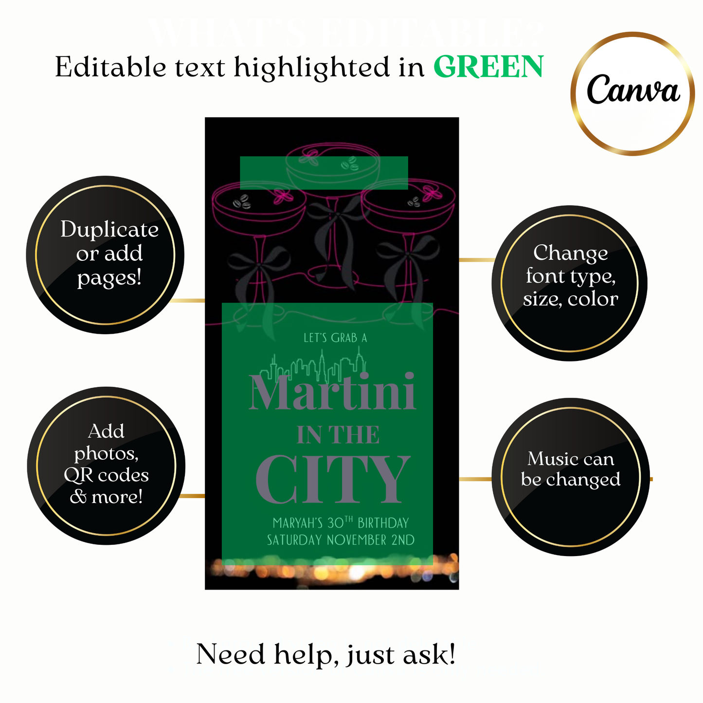 Editable Martini in the City MP4 invitation template with modern fonts