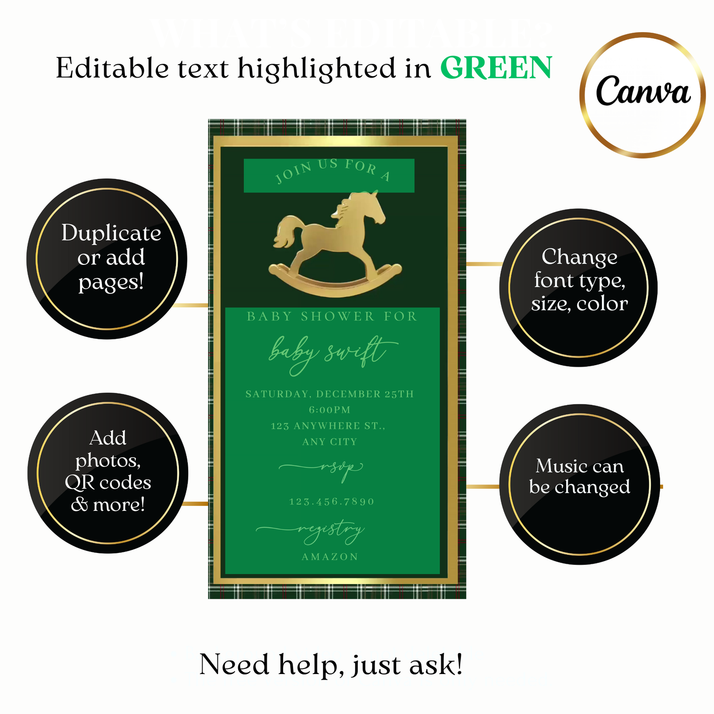 Editable MP4 Green RL Horse baby invite with elegant fonts