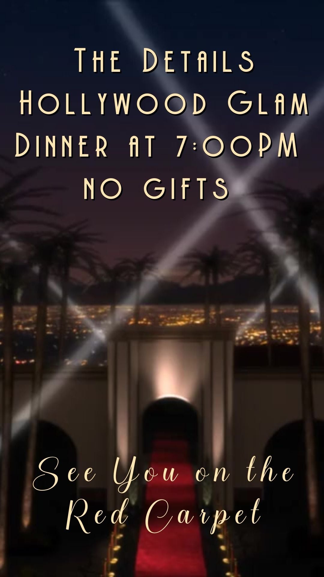 Editable hollywood red carpet 50th birthday birthday video invitation displayed on a mobile phone, featuring an animated vertical digital invite with music, created in Canva. This premium video invitation template is designed for sharing by text, email, and social media and works with an interactive RSVP website for easy guest response tracking.