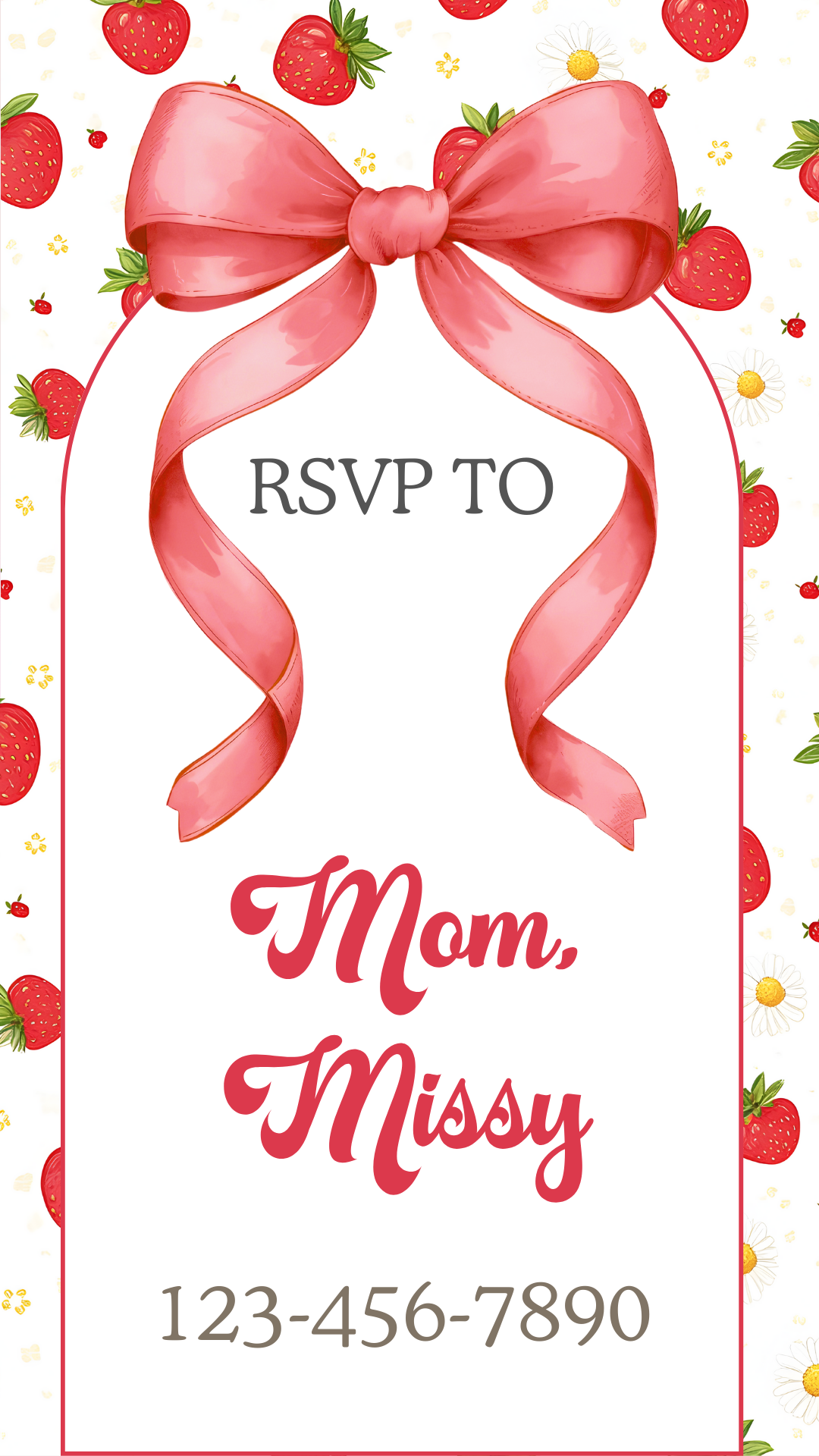 Flat lay of phone, strawberries, and party confetti around video invite