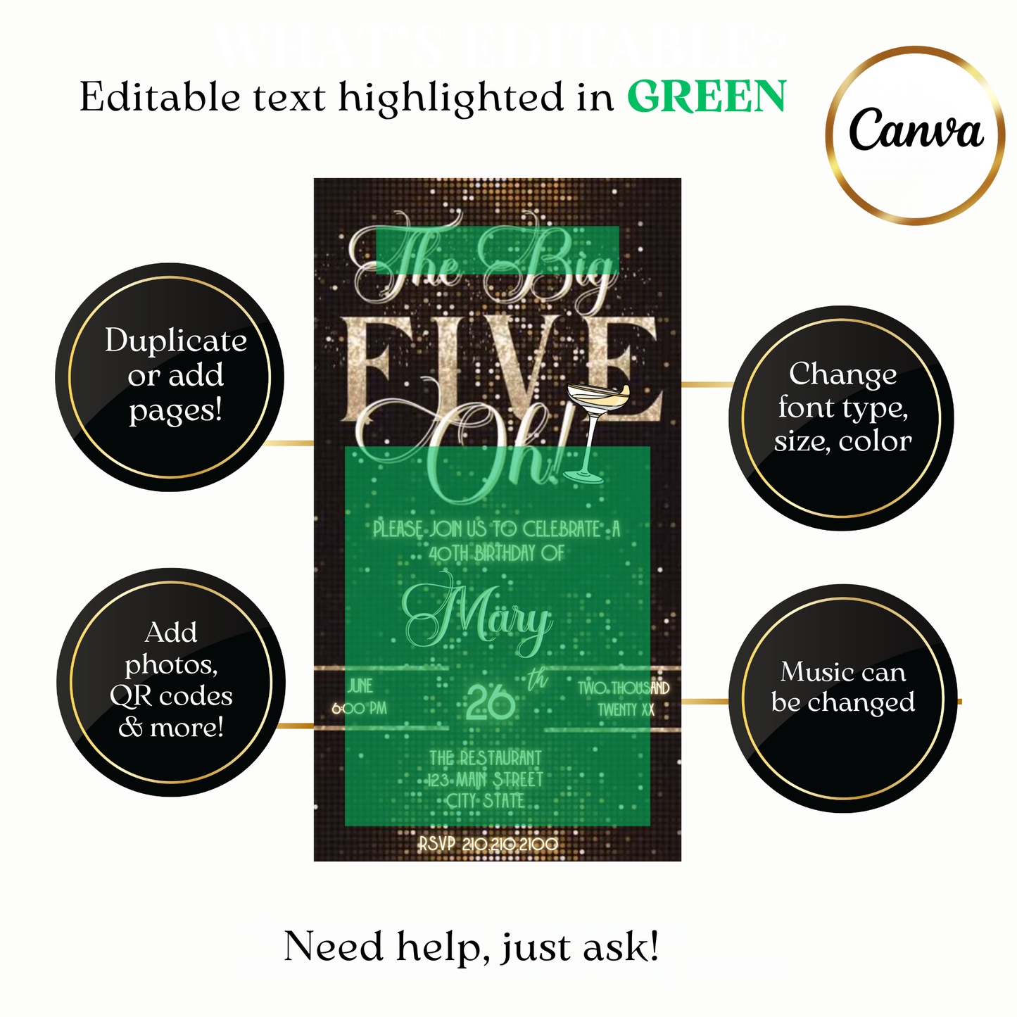 Animated The Big Five-Oh 50th Birthday Glam Video Invitation — Glitter Gold & Black Evite