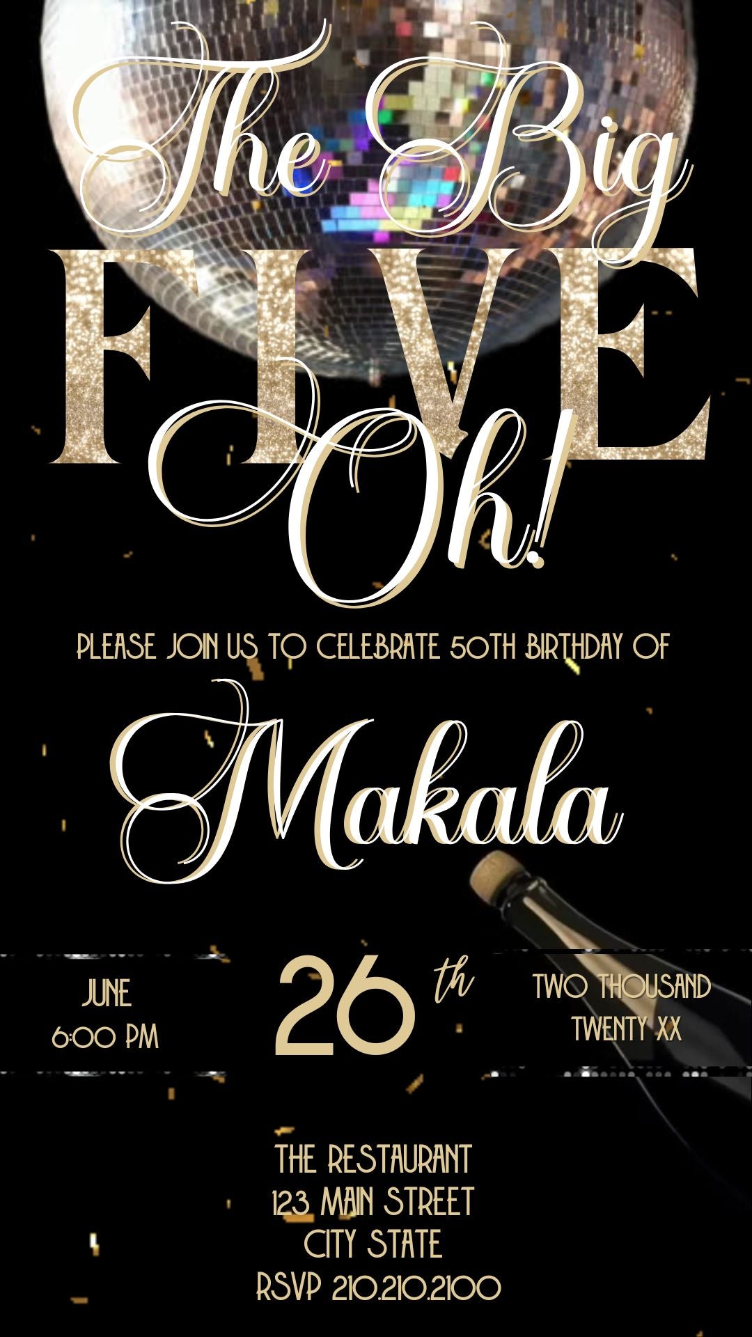 Editable black gold champagne 50th birthday video invitation displayed on a mobile phone, featuring an animated vertical digital invite with music, created in Canva. This premium video invitation template is designed for sharing by text, email, and social media and works with an interactive RSVP website for easy guest response tracking.