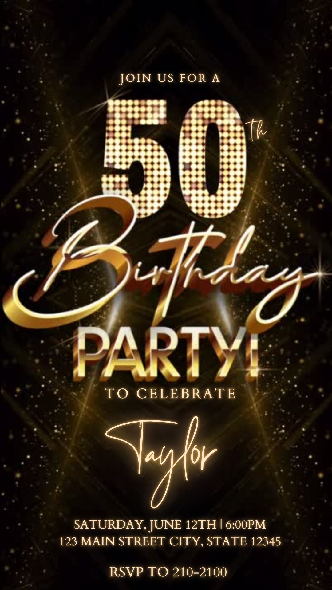 Editable gold glitter 50th birthday party video invitation displayed on a mobile phone, featuring an animated vertical digital invite with music, created in Canva. This premium video invitation template is designed for sharing by text, email, and social media and works with an interactive RSVP website for easy guest response tracking.