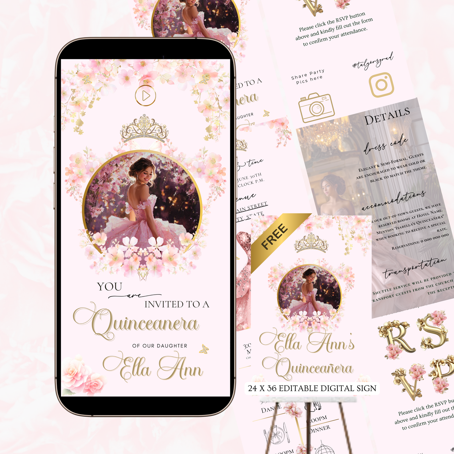 Pink Quinceanera Invitation Website with RSVP | Animated Sweet 15 16 Mobile Interactive Evite with RSVP and Music