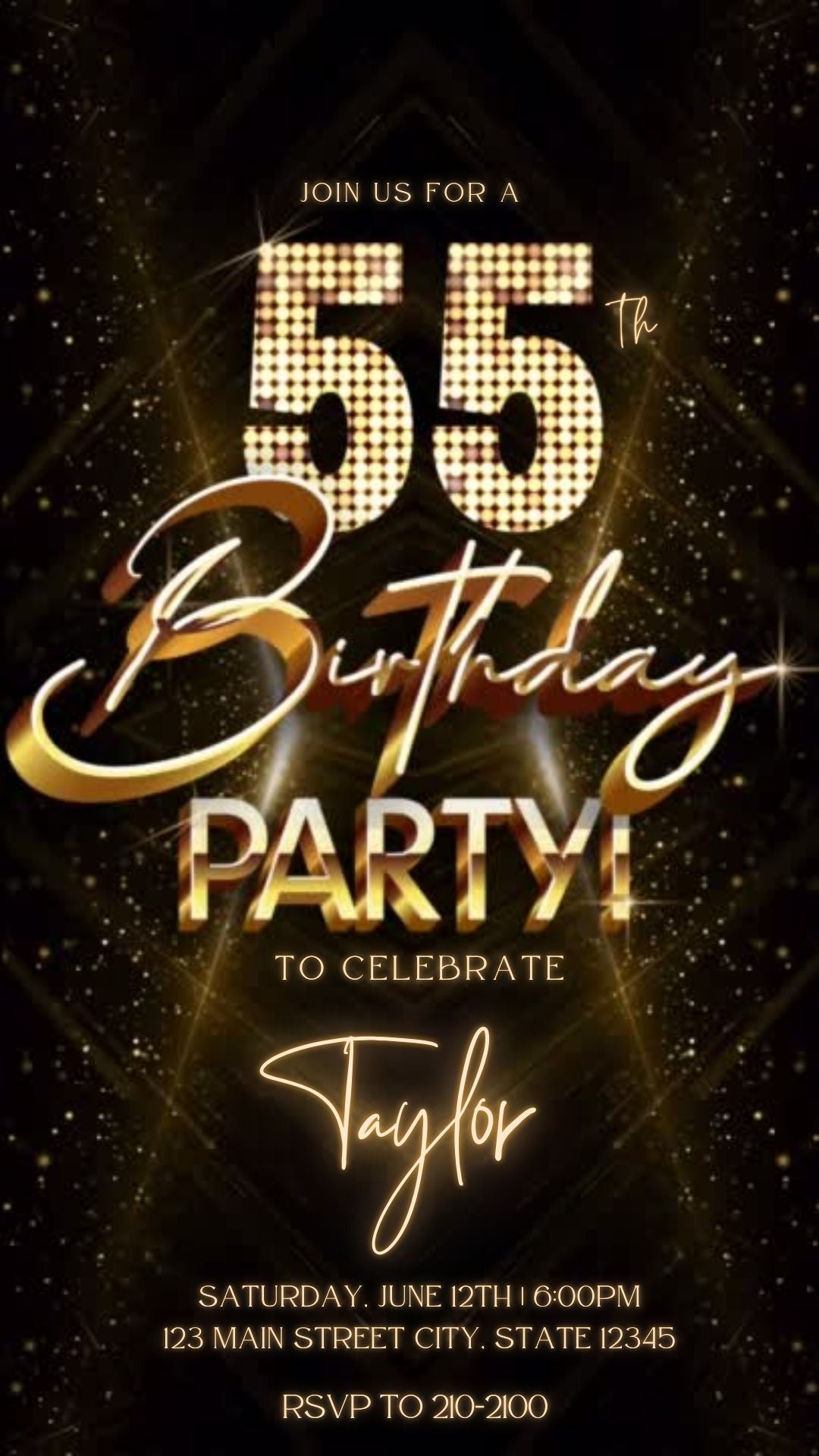 Editable gold glitter 55th birthday party video invitation displayed on a mobile phone, featuring an animated vertical digital invite with music, created in Canva. This premium video invitation template is designed for sharing by text, email, and social media and works with an interactive RSVP website for easy guest response tracking.