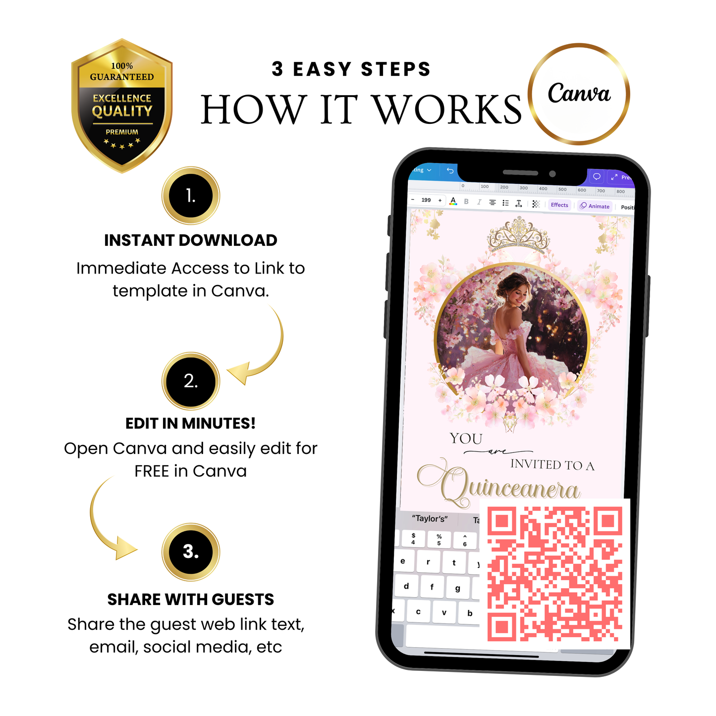 Pink Quinceanera Invitation Website with RSVP | Animated Sweet 15 16 Mobile Interactive Evite with RSVP and Music