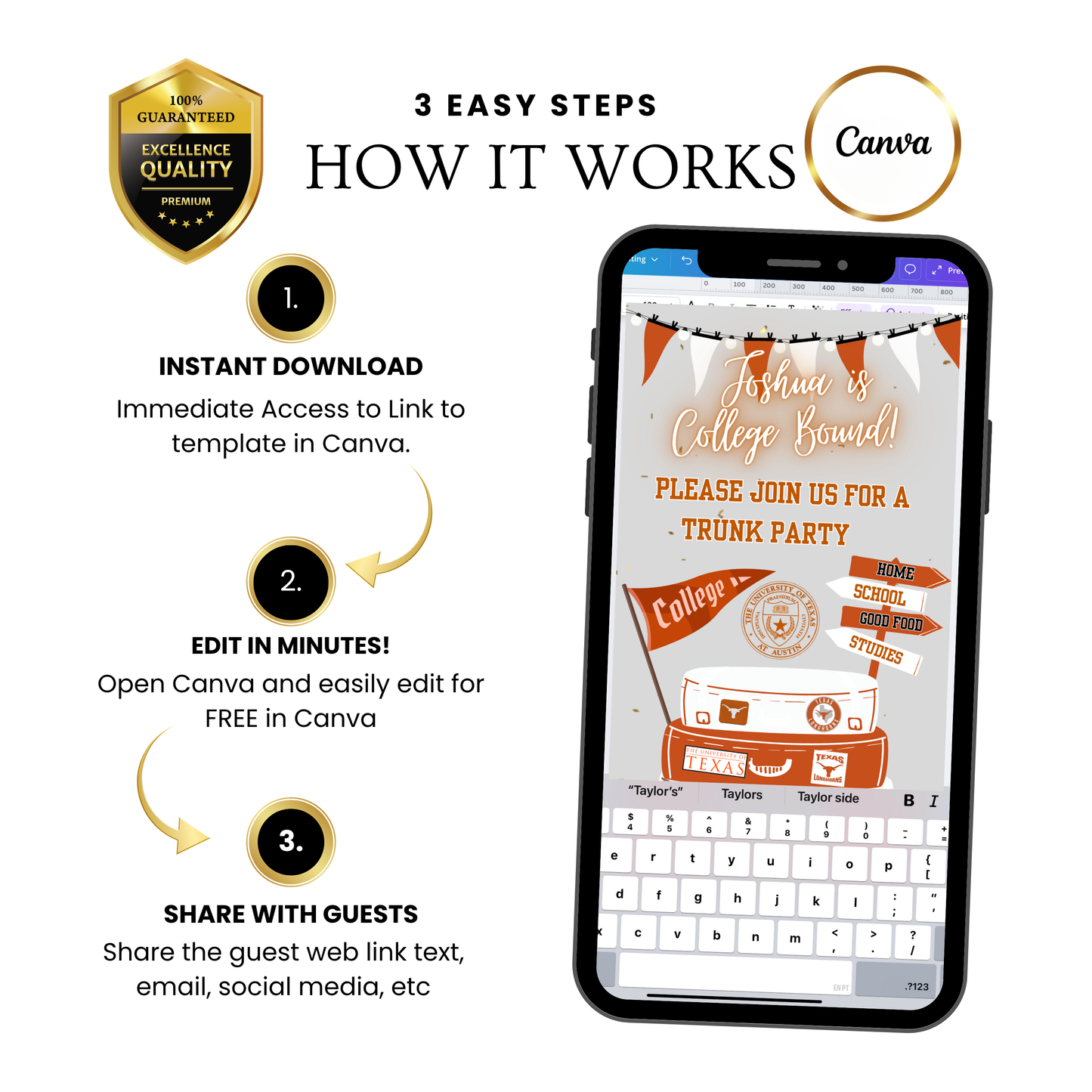 UT College Sendoff Video Invitation | Editable Trunk Party Invite | Editable Canva Template
