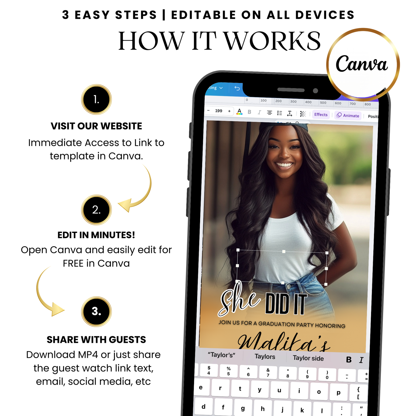 LT Grad Gold customizable invitation in vertical mobile format