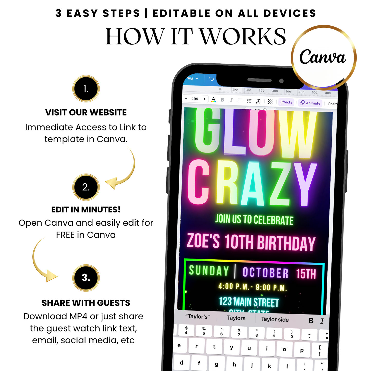 Group text reactions to neon glow video invite