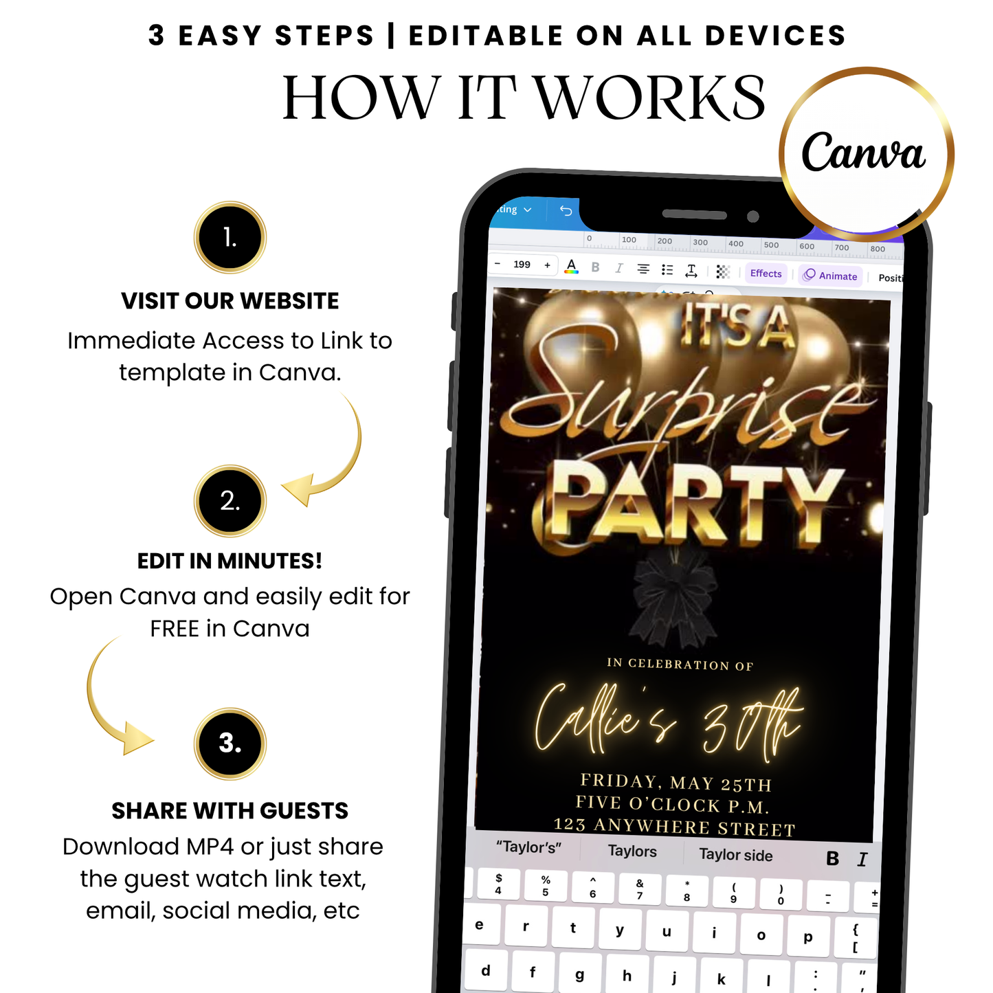 Surprise Gold Balloons Video Invitation Canva Editable