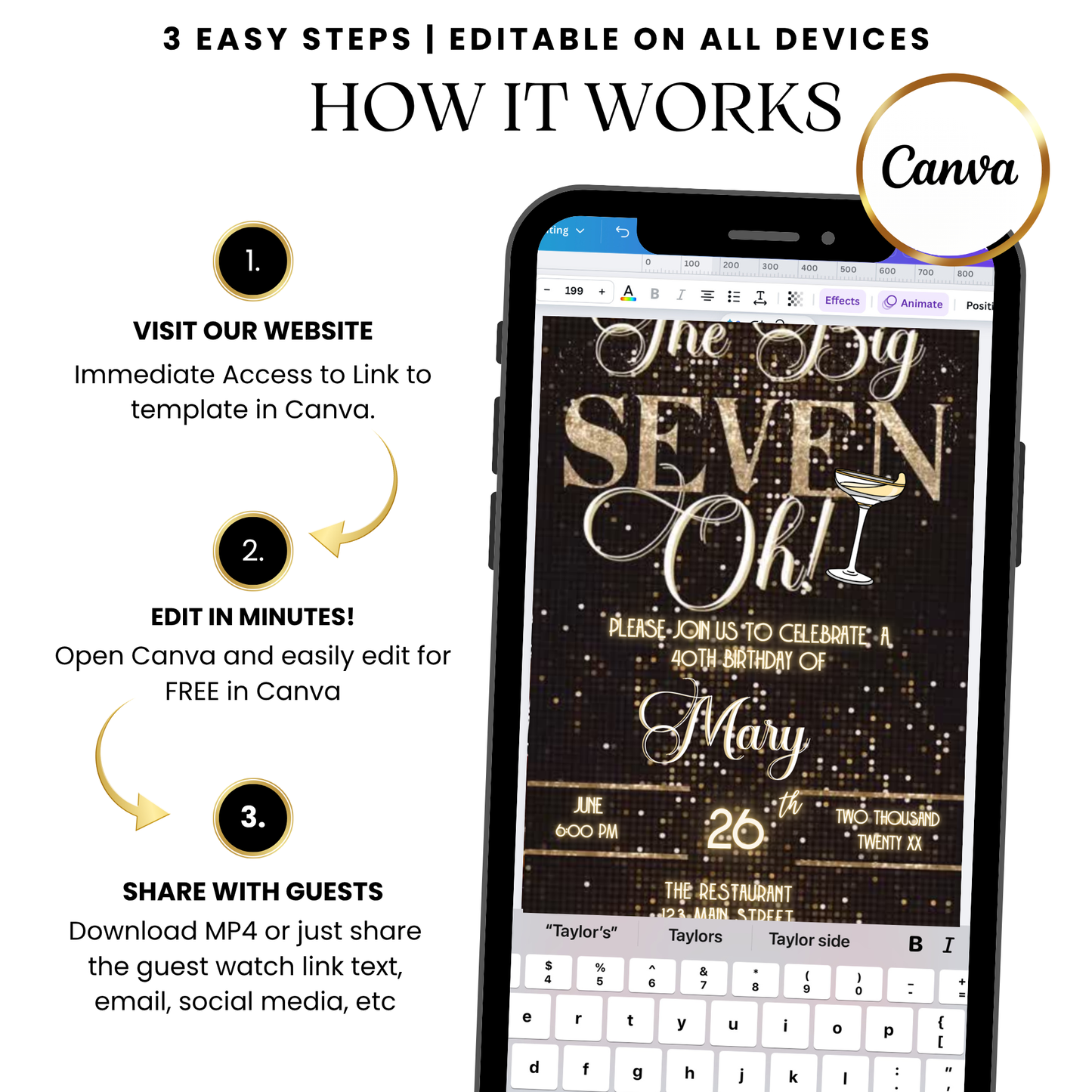 The Big Seven-Oh 70th Birthday Video Invitation — Elegant Gold Glam Design with Music