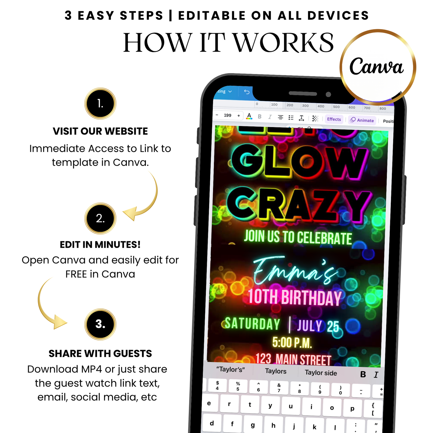 Group text reactions to neon glow party invite