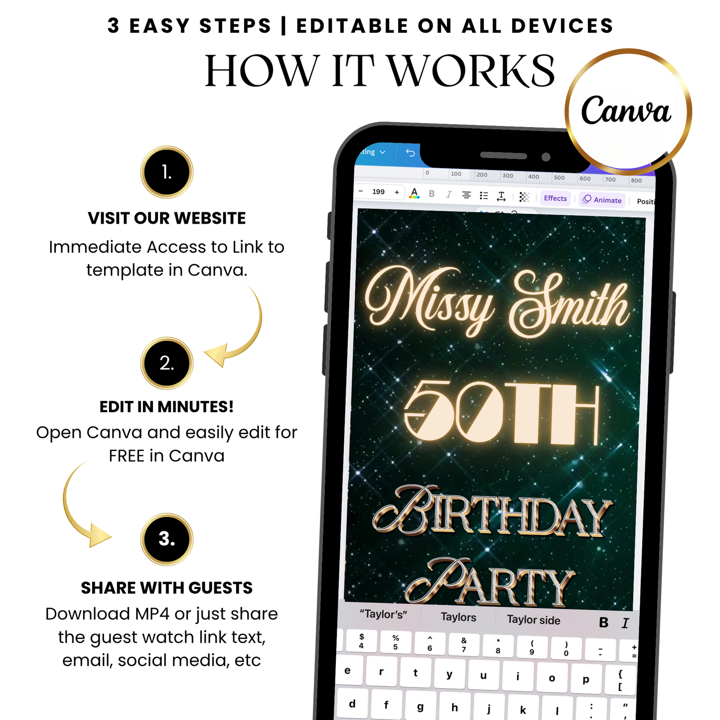 Flat-lay of phone, ribbon, and gold sequins highlighting the digital invite