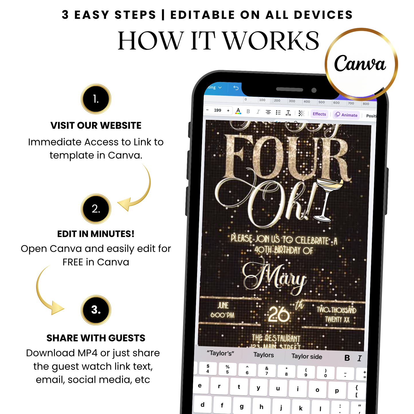 The Big Four-Oh 40th Birthday Digital Invitation — Gold Sparkle Party Evite with Music