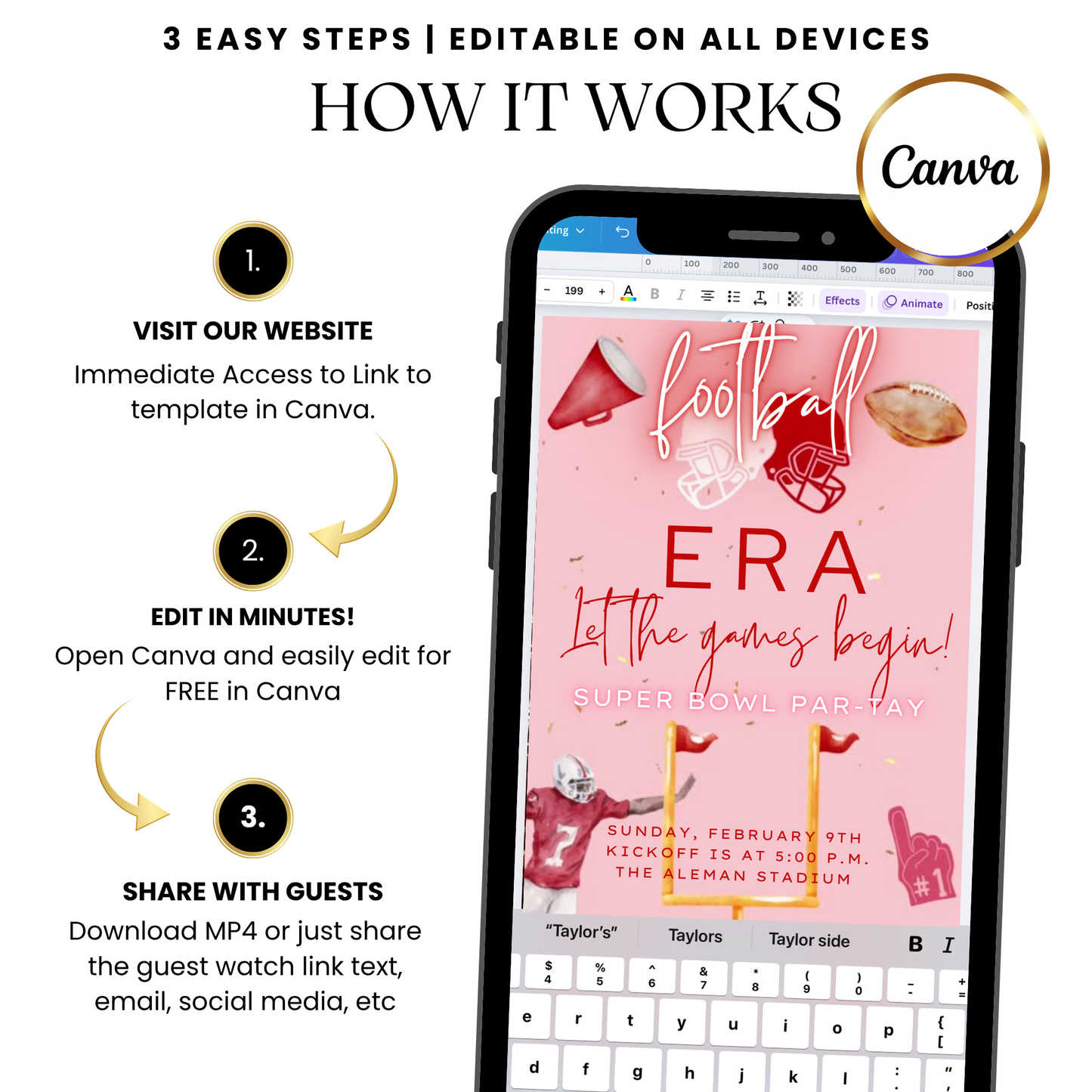 Date/time layout on faux sticky note with yard-line backdrop