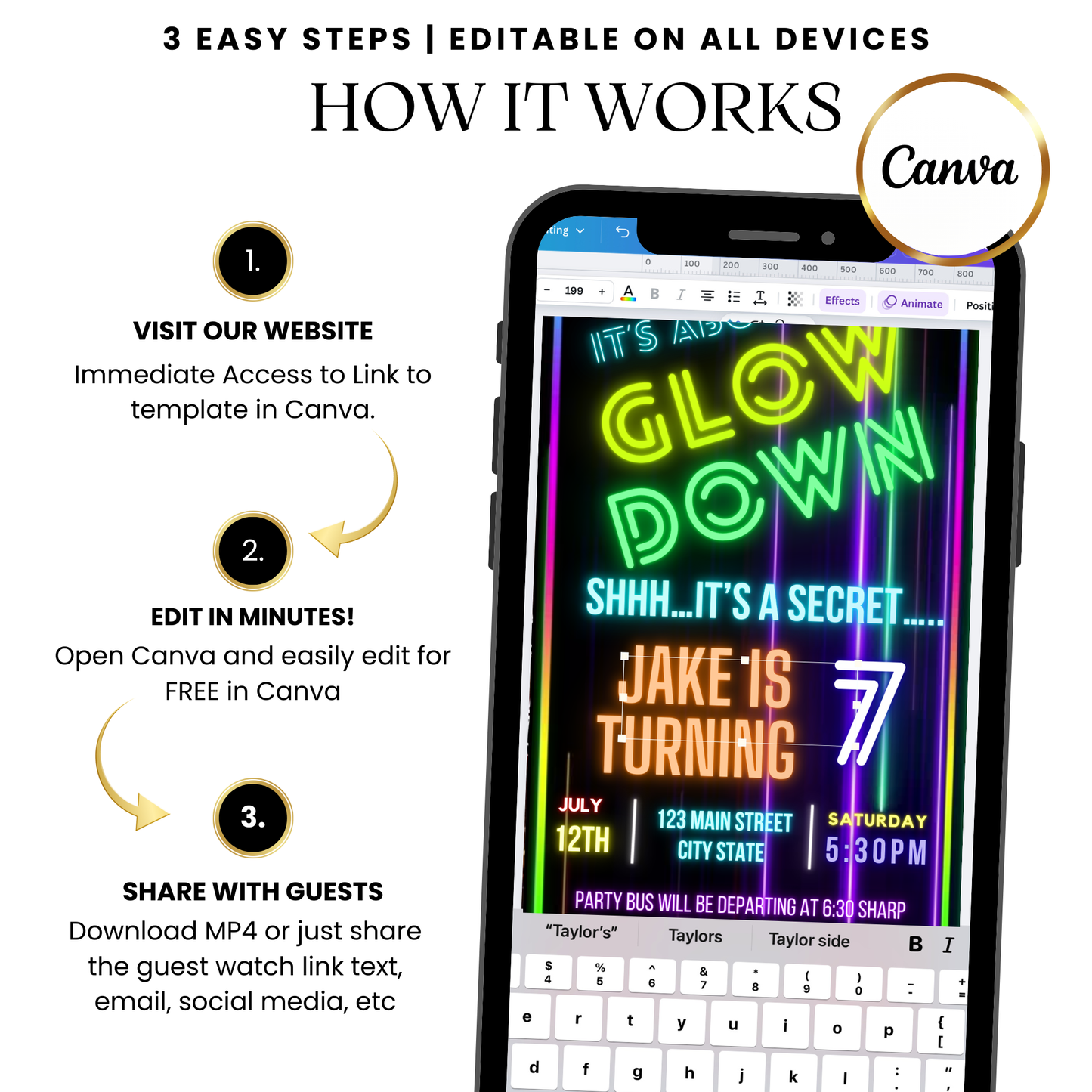 Editable neon glow theme MP4 video invite template