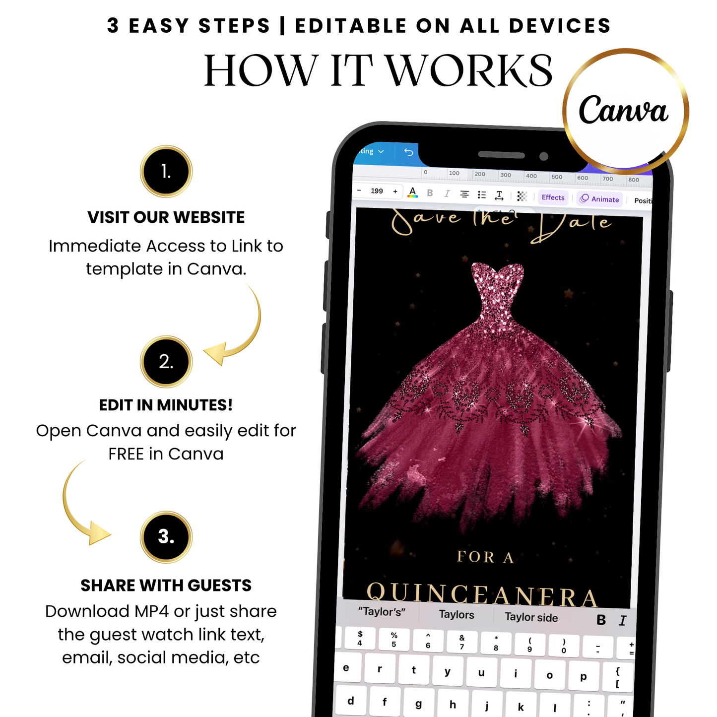 Burgundy Quinceañera Save the Date Video Invitation – Elegant Ball Gown Theme with Music