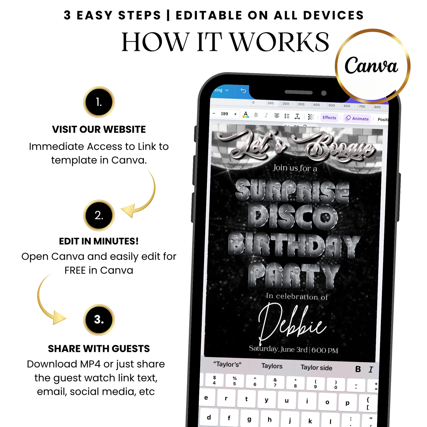 Retro Silver Disco Video Invitation Instant Download