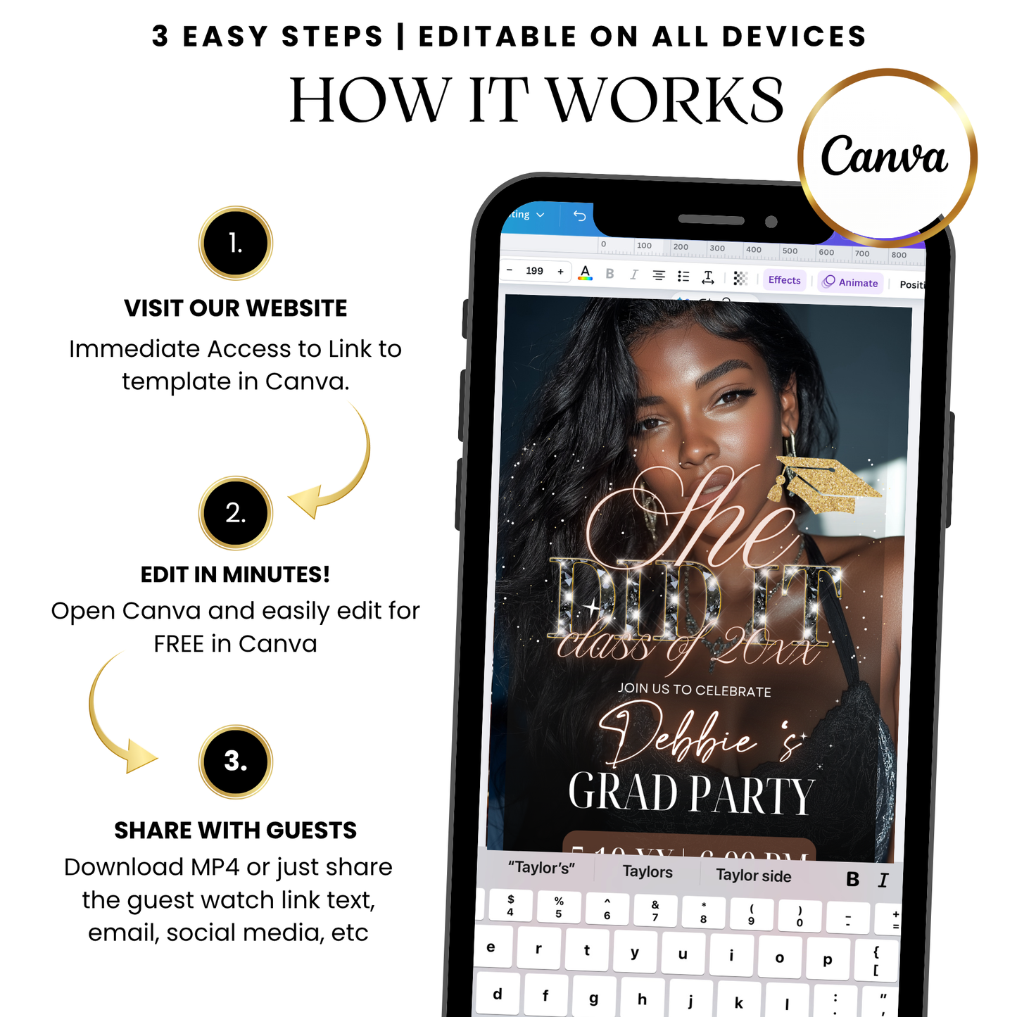 Black and Gold Graduation Video Invite Canva Editable