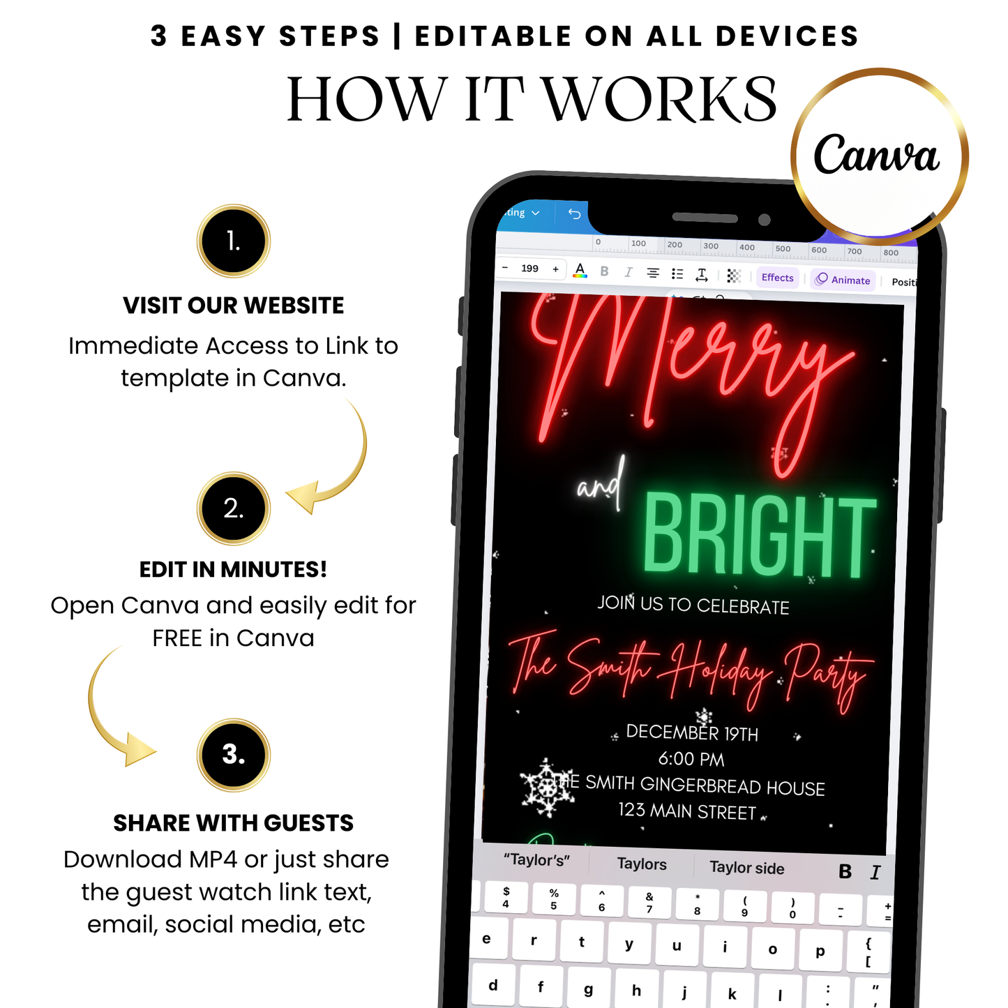 Editable Neon Merry MP4 invitation template with modern design