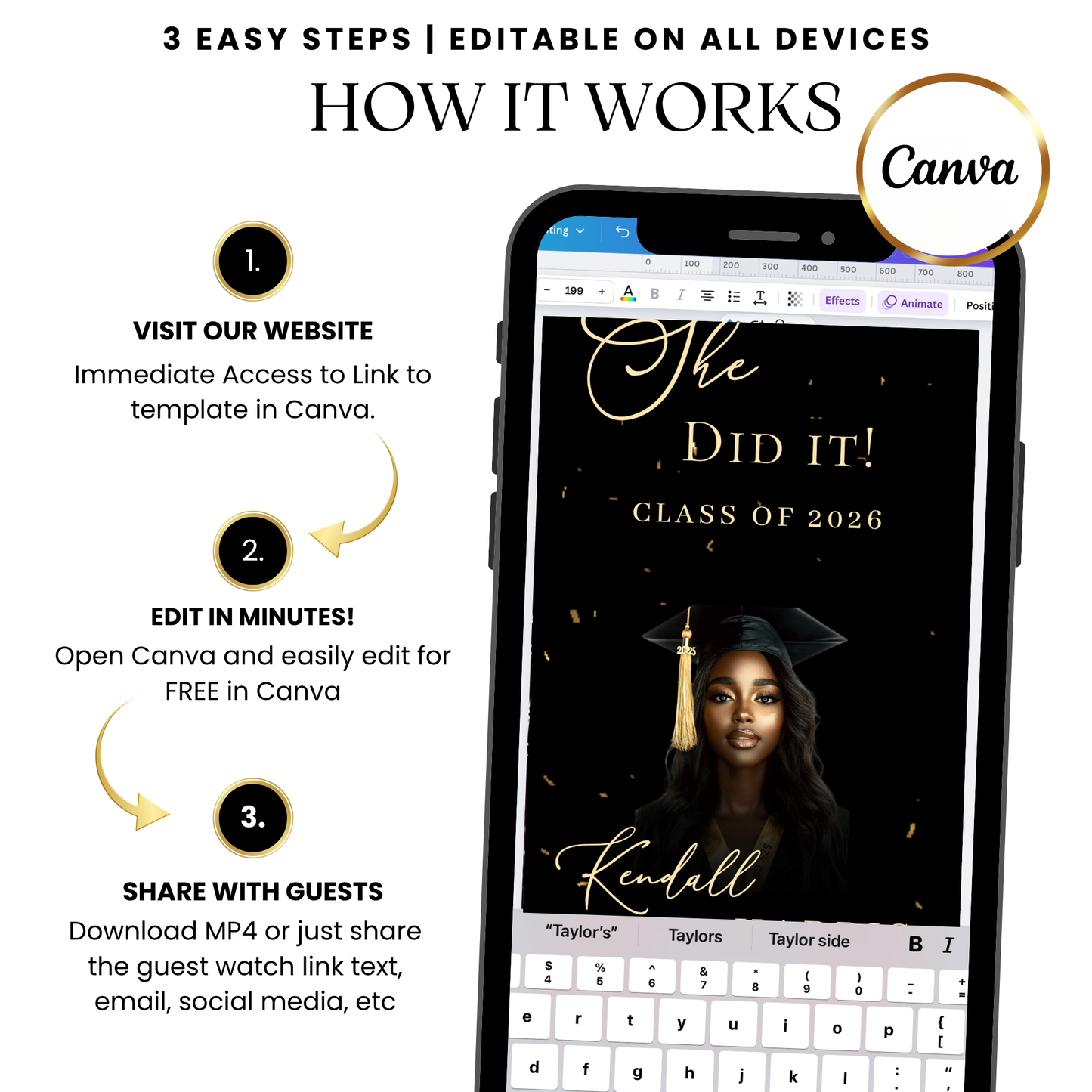 2026 Graduation Video Invitation – Black and Gold Animated Template with Music with Music
