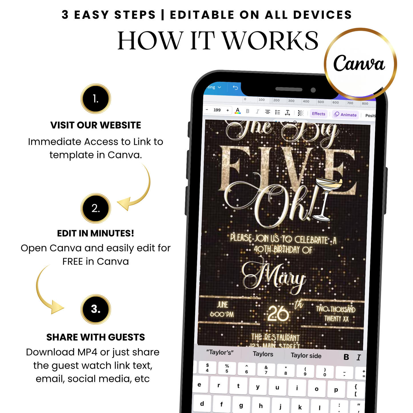 The Big Five-Oh 50th Birthday Glam Video Invitation — Glitter Gold & Black with Music
