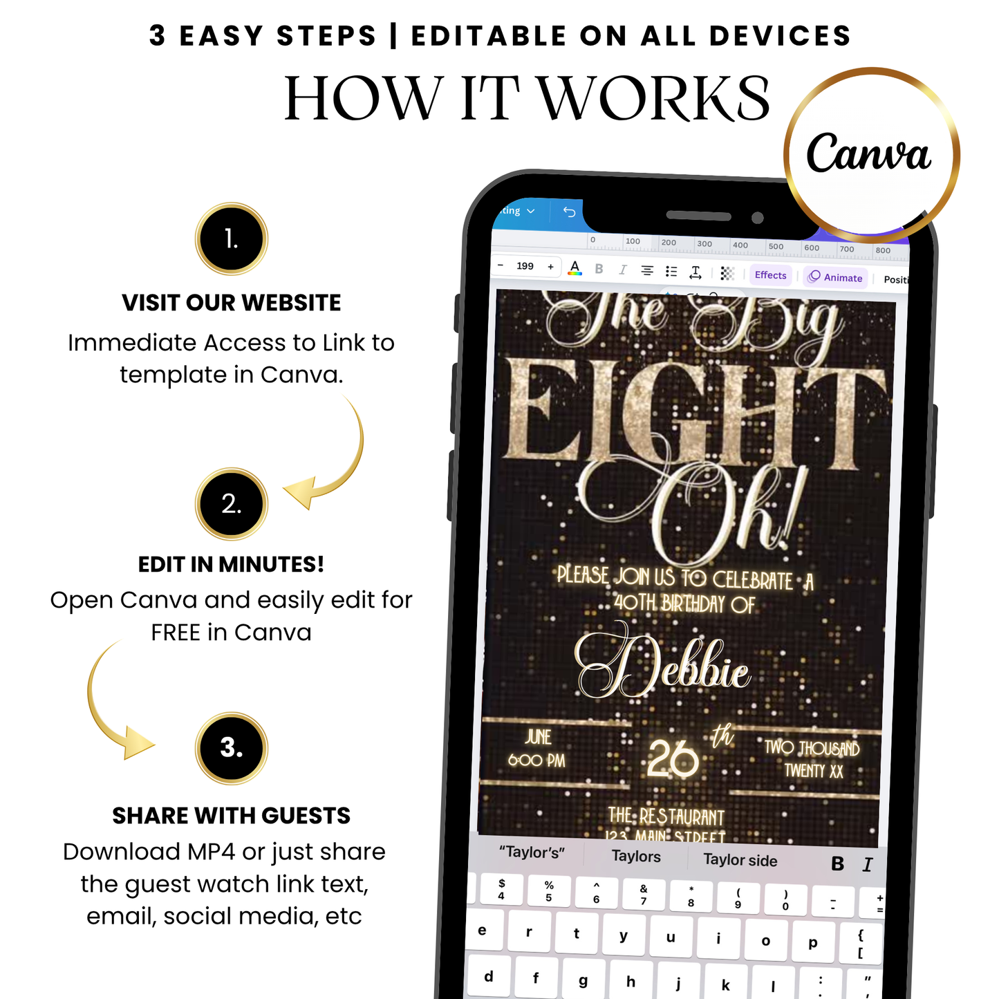 The Big Eight-Oh 80th Birthday Video Invitation — Glam Gold & Black Design with Music