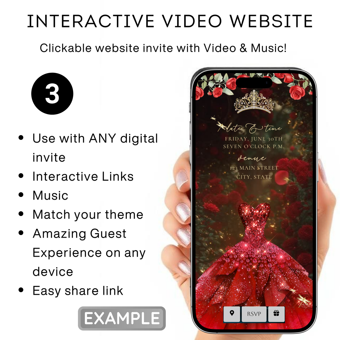 Red Roses Video Invite | Digital Quinceanera Sweet 15 16 Invite | Editable Canva Evite Template