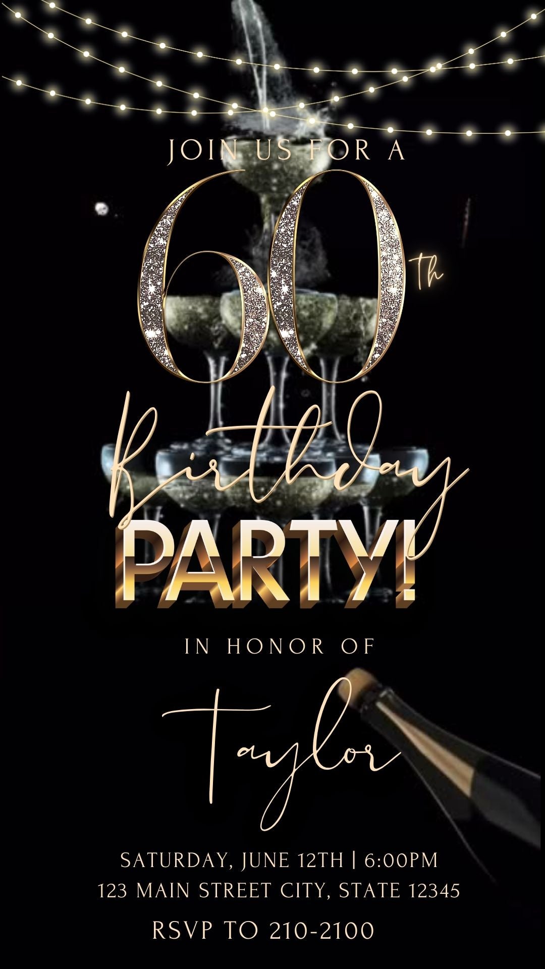 Editable black gold champagne 60th birthday video invitation displayed on a mobile phone, featuring an animated vertical digital invite with music, created in Canva. This premium video invitation template is designed for sharing by text, email, and social media and works with an interactive RSVP website for easy guest response tracking.