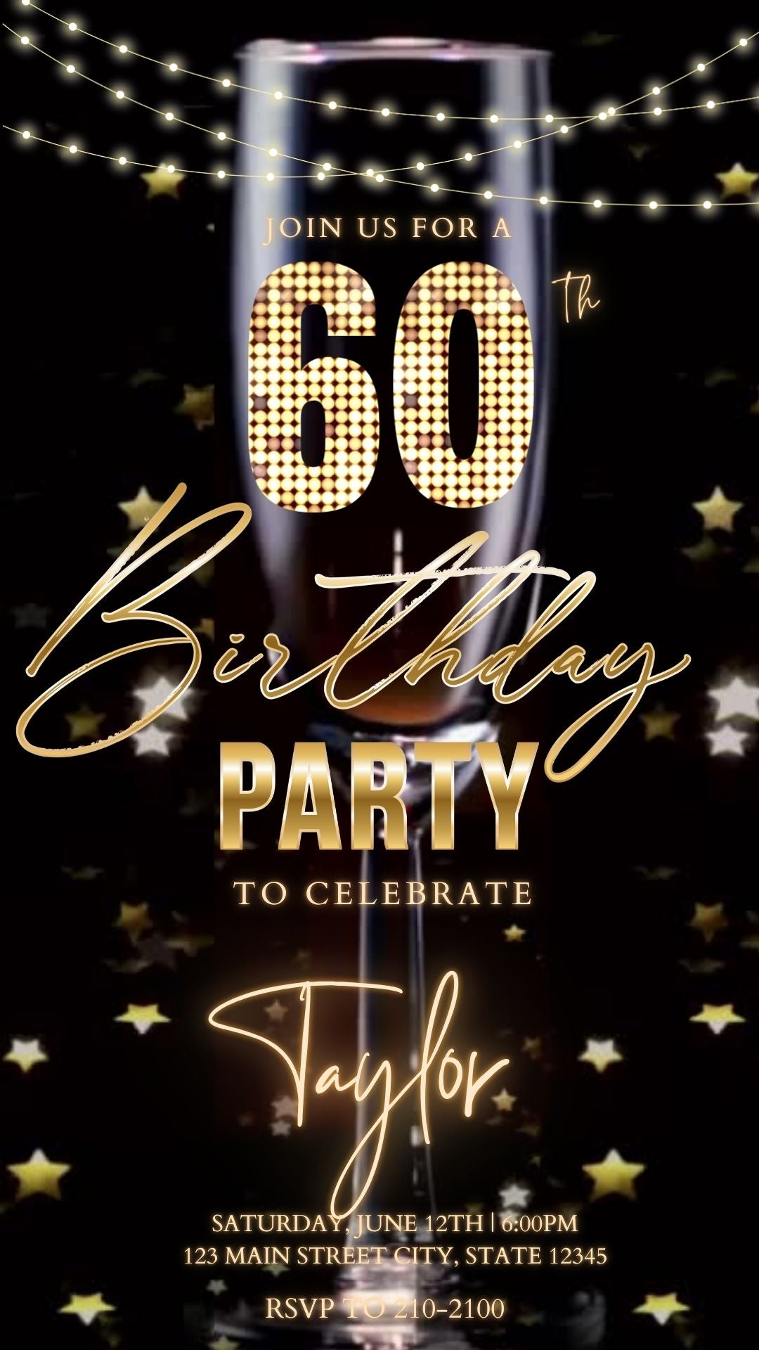 Editable champagne celebration 60th birthday birthday video invitation displayed on a mobile phone, featuring an animated vertical digital invite with music, created in Canva. This premium video invitation template is designed for sharing by text, email, and social media and works with an interactive RSVP website for easy guest response tracking.