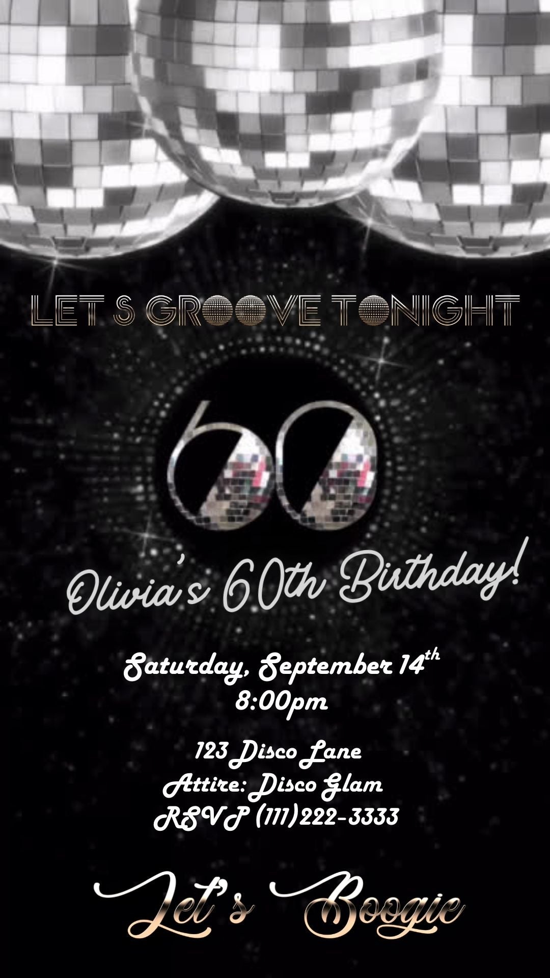 Editable silver disco 60th birthday party video invitation displayed on a mobile phone, featuring an animated vertical digital invite with music, created in Canva. This premium video invitation template is designed for sharing by text, email, and social media and works with an interactive RSVP website for easy guest response tracking.