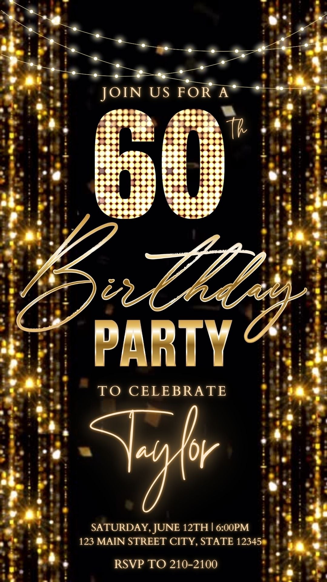 Editable gold glitter curtain 60th birthday birthday video invitation displayed on a mobile phone, featuring an animated vertical digital invite with music, created in Canva. This premium video invitation template is designed for sharing by text, email, and social media and works with an interactive RSVP website for easy guest response tracking.
