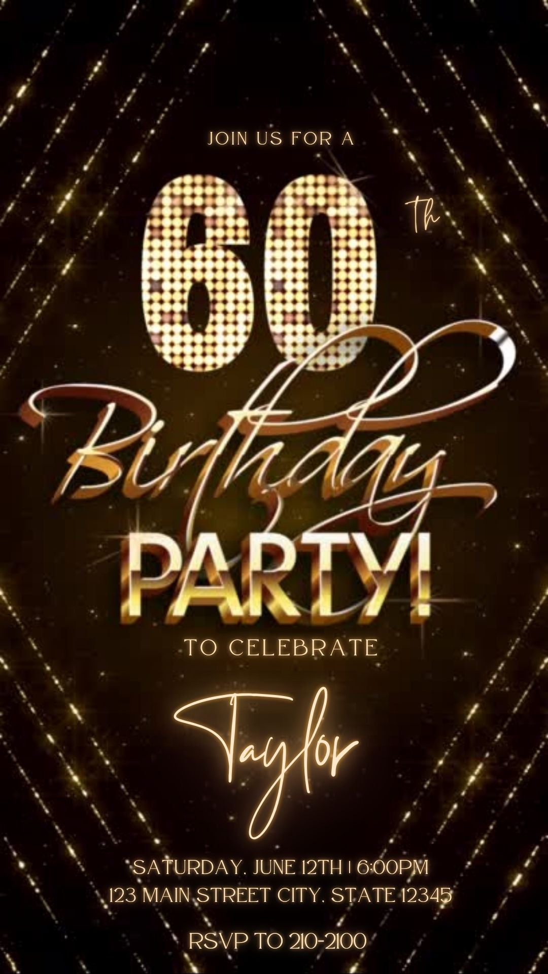 Editable gold glitter 60th birthday party video invitation displayed on a mobile phone, featuring an animated vertical digital invite with music, created in Canva. This premium video invitation template is designed for sharing by text, email, and social media and works with an interactive RSVP website for easy guest response tracking.