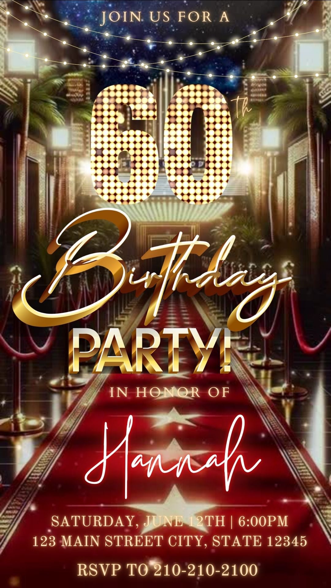 Editable hollywood red carpet 60th birthday birthday video invitation displayed on a mobile phone, featuring an animated vertical digital invite with music, created in Canva. This premium video invitation template is designed for sharing by text, email, and social media and works with an interactive RSVP website for easy guest response tracking.