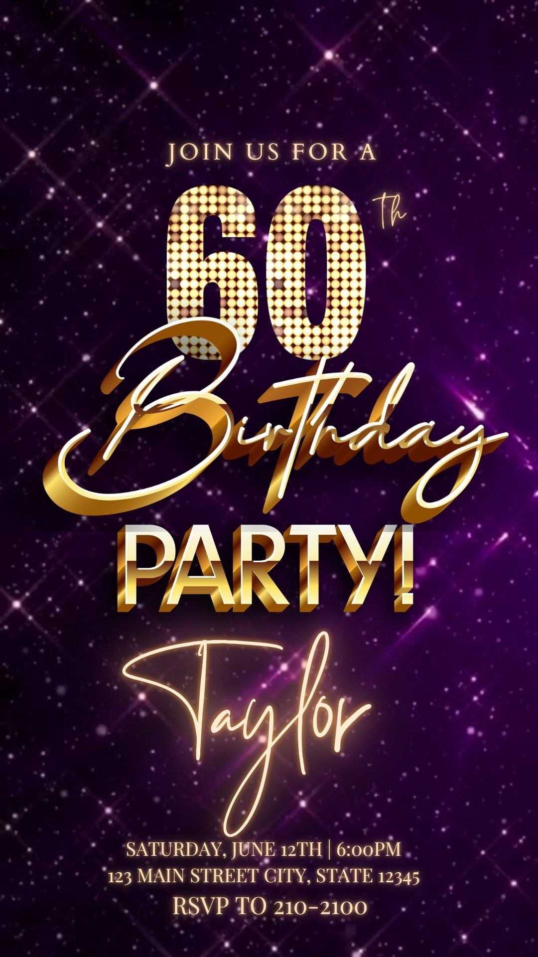 Editable purple gold sparkle 60th birthday birthday video invitation displayed on a mobile phone, featuring an animated vertical digital invite with music, created in Canva. This premium video invitation template is designed for sharing by text, email, and social media and works with an interactive RSVP website for easy guest response tracking.