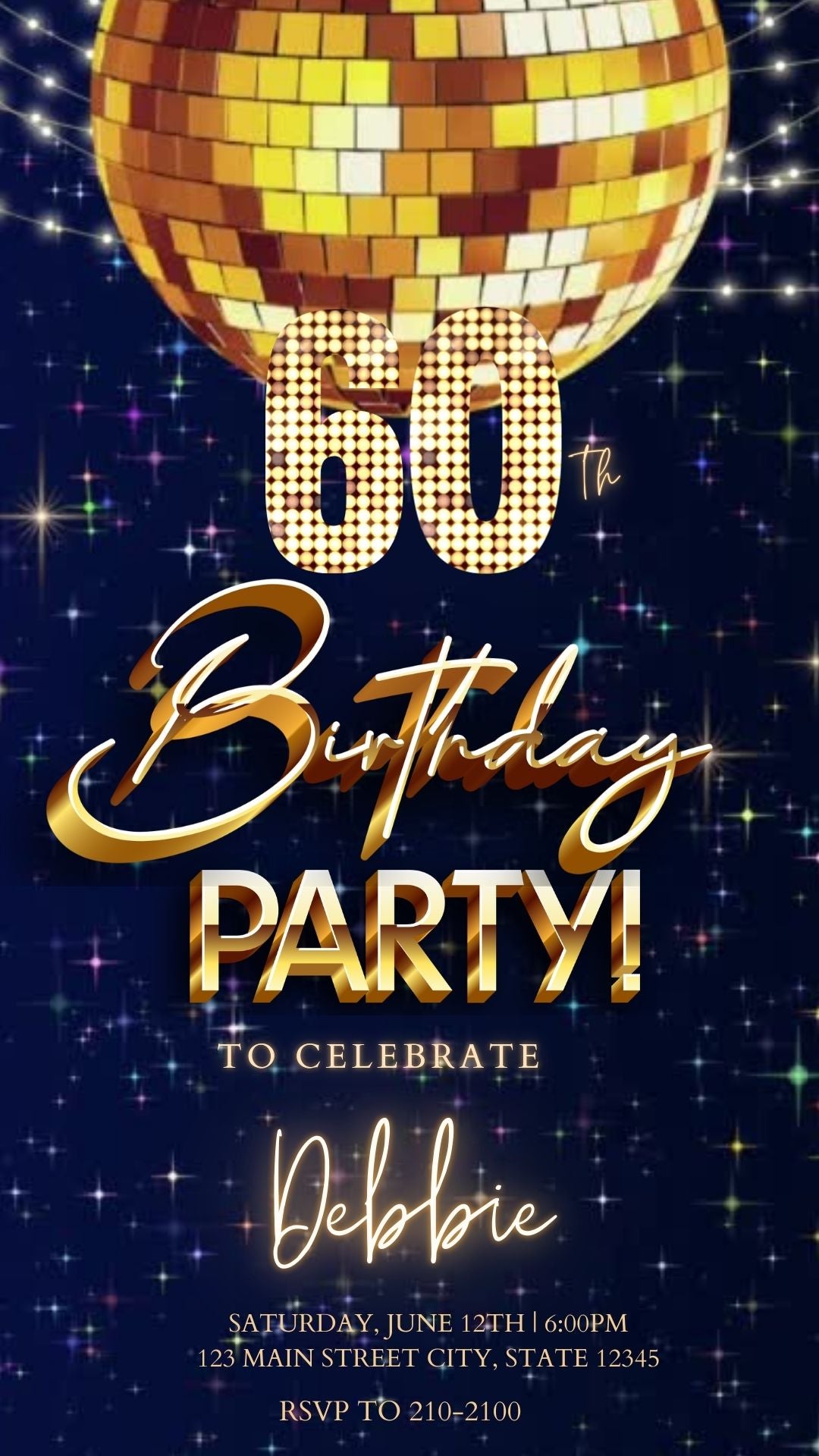 Editable retro disco ball 60th birthday birthday video invitation displayed on a mobile phone, featuring an animated vertical digital invite with music, created in Canva. This premium video invitation template is designed for sharing by text, email, and social media and works with an interactive RSVP website for easy guest response tracking.