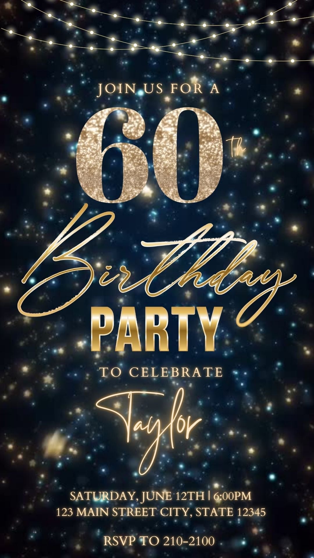 Editable teal gold sparkle 60th birthday birthday video invitation displayed on a mobile phone, featuring an animated vertical digital invite with music, created in Canva. This premium video invitation template is designed for sharing by text, email, and social media and works with an interactive RSVP website for easy guest response tracking.