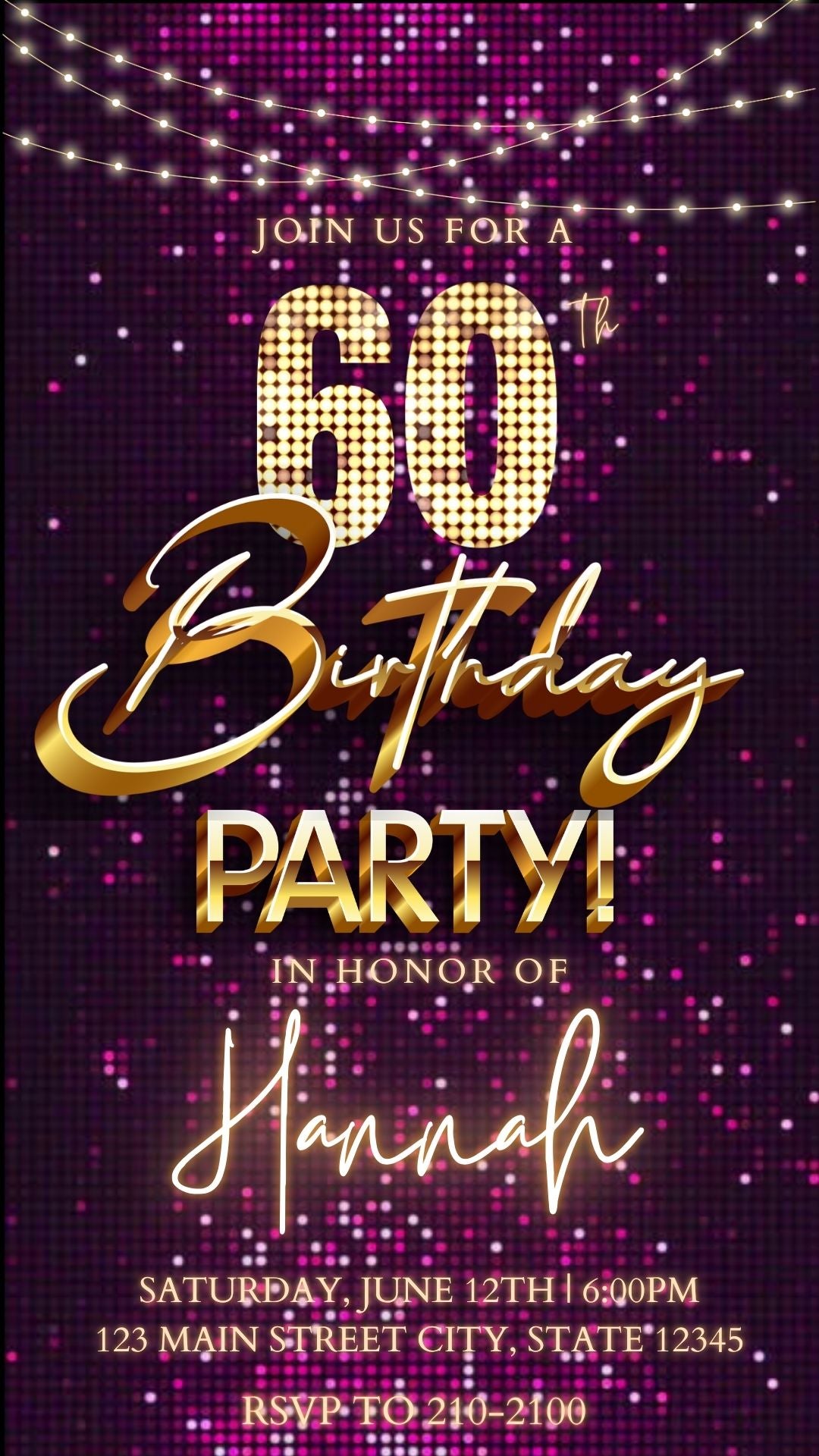 Editable violet sequin gold 60th birthday birthday video invitation displayed on a mobile phone, featuring an animated vertical digital invite with music, created in Canva. This premium video invitation template is designed for sharing by text, email, and social media and works with an interactive RSVP website for easy guest response tracking.